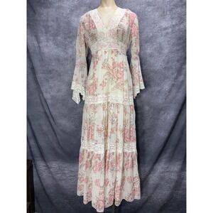 VTG 80s Cottagecore Prairie Tiered Maxi Dress Beige Pink Lace ILGWU Union Made